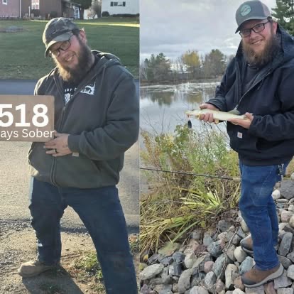A side-by-side before and after photo of a bearded man celebrating 518 days sober, healthier and holding a fish in the after image.